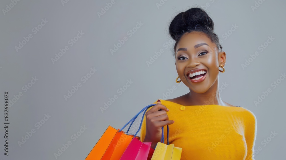 A chic image of an excited African female customer proudly posing with her shopping treasures, her confidence and luxury highlighted against a solid gray background. A chic image of an excited African female customer proudly posing with her shopping treasures, her confidence and luxury highlighted against a solid gray background.