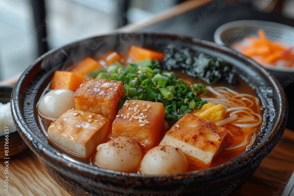Oden - Simmered dish with various ingredients like fish cakes, tofu, and vegetables in a light dashi broth. Oden - Simmered dish with various ingredients like fish cakes, tofu, and vegetables in a light dashi broth.