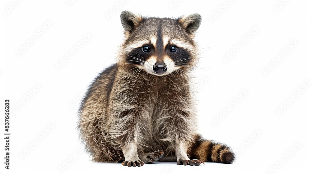 Obraz premium A raccoon on white backdrop gazes sadly at the camera, while displaying a serious expression with intensely focused eyes