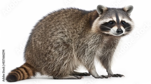  Raccoon on white background, standing upright with surprised expression Isolated Copy space for text