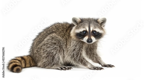  A tight shot of a raccoon against a pristine white backdrop The raccoon's visage, focused and clear, meets the camera's lens A blur