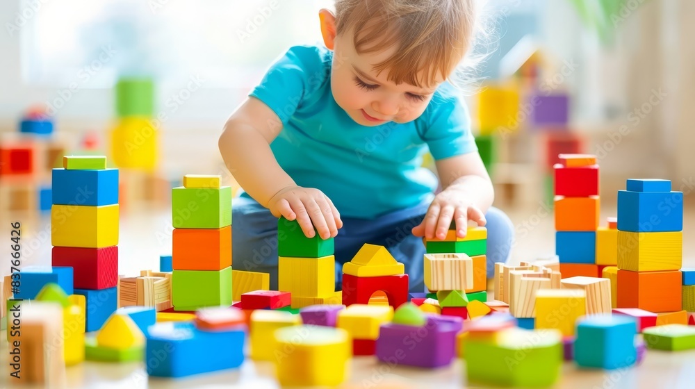 A little girl engages with wooden blocks on the floor, surrounded by various children's toys and an ample supply of building blocks in front of her A little girl engages with wooden blocks on the floor, surrounded by various children's toys and an ample supply of building blocks in front of her