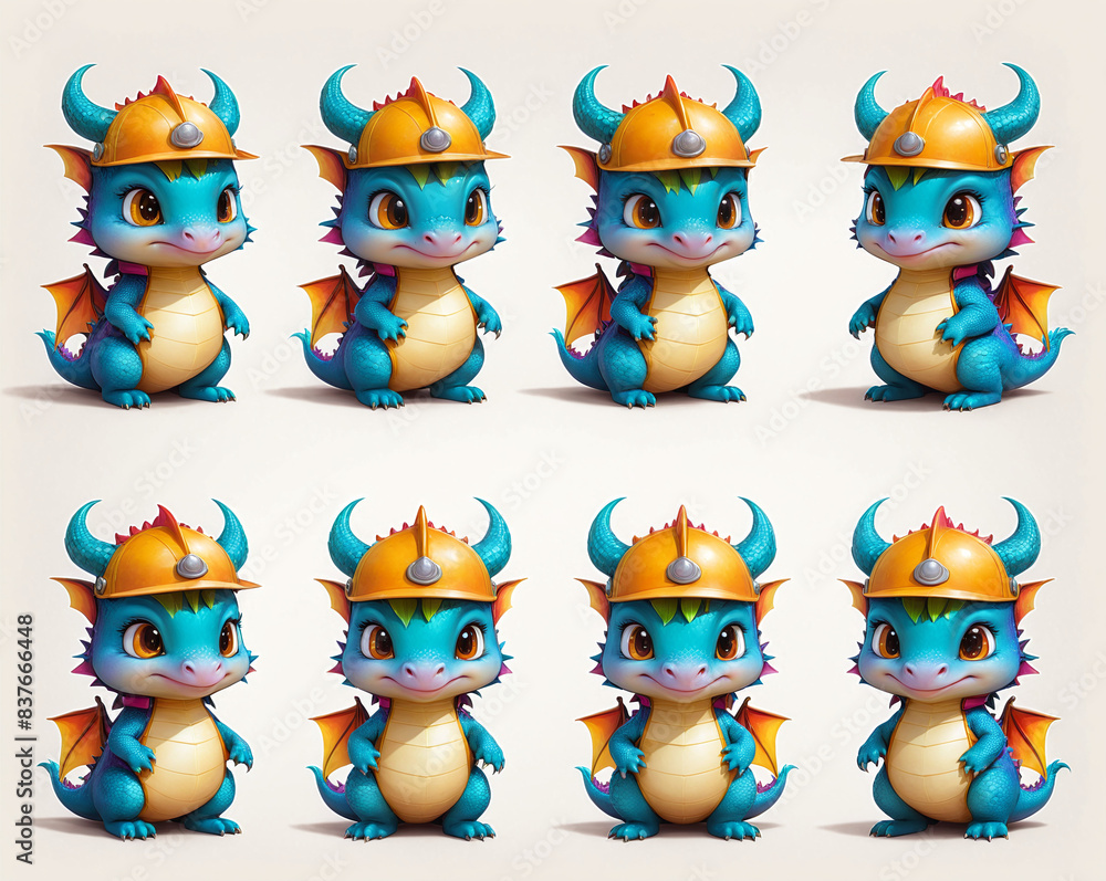 cute cartoon dragons in a construction helmet, set in different poses. Generated AI. cute cartoon dragons in a construction helmet, set in different poses. Generated AI.