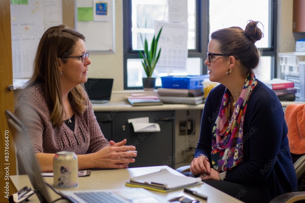 Two women having a serious conversation in an office Two women having a serious conversation in an office