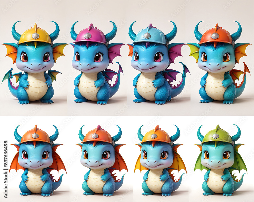 cute cartoon dragons in a construction helmet, set in different poses. Generated AI. cute cartoon dragons in a construction helmet, set in different poses. Generated AI.