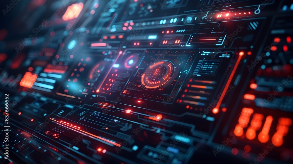 Sleek Futuristic Holographic Interface with Floating Data Panels and Touch Controls Sleek Futuristic Holographic Interface with Floating Data Panels and Touch Controls