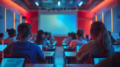 Modern Classroom with Students Using Digital Devices for Interactive Learning and Education