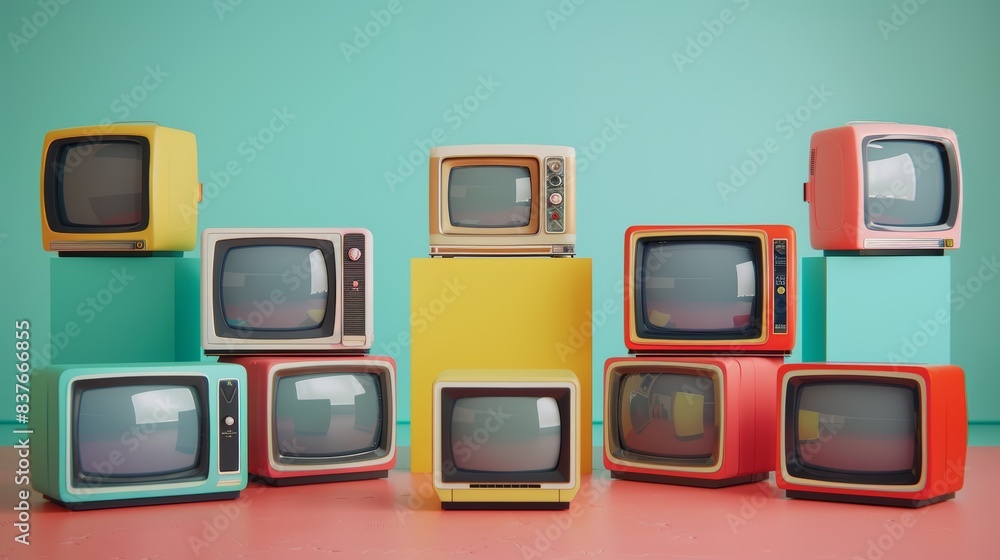 Array of retro TV sets in vivid colors, set against a pastel backdrop, evoking a nostalgic feel with a contemporary twist Array of retro TV sets in vivid colors, set against a pastel backdrop, evoking a nostalgic feel with a contemporary twist