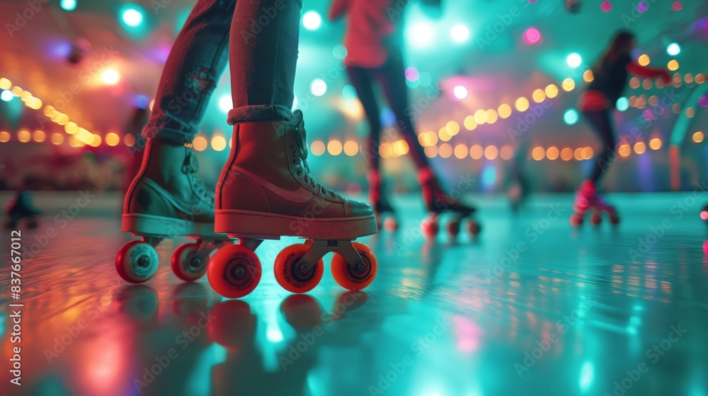 Vibrant image of skaters on a roller skating rink, capturing movement and colorful lights