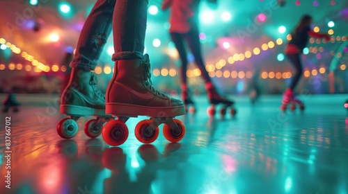 Obraz na płótnie Vibrant image of skaters on a roller skating rink, capturing movement and colorful lights w salonie
