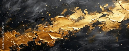 Closeup of abstract rough black gold art painting texture, with oil brushstroke, pallet knife paint on canvas (Generative Ai), Generative AI