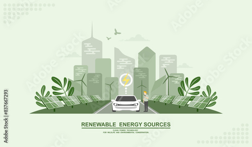 Caring for the environment and using clean green energy from renewable energy sources low carbon concept, Technology for a sustainable environment, Power generation system industry on city background.