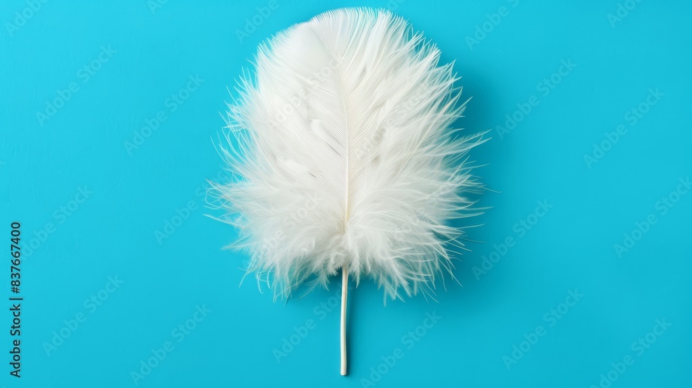 Fototapeta premium A tight shot of a white feather balanced on a stick against a blue backdrop A solitary teardrop hangs from the feather's tip, traversing its length