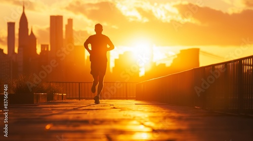 A runner's silhouette against the backdrop of a sunset and dramatic city skyline