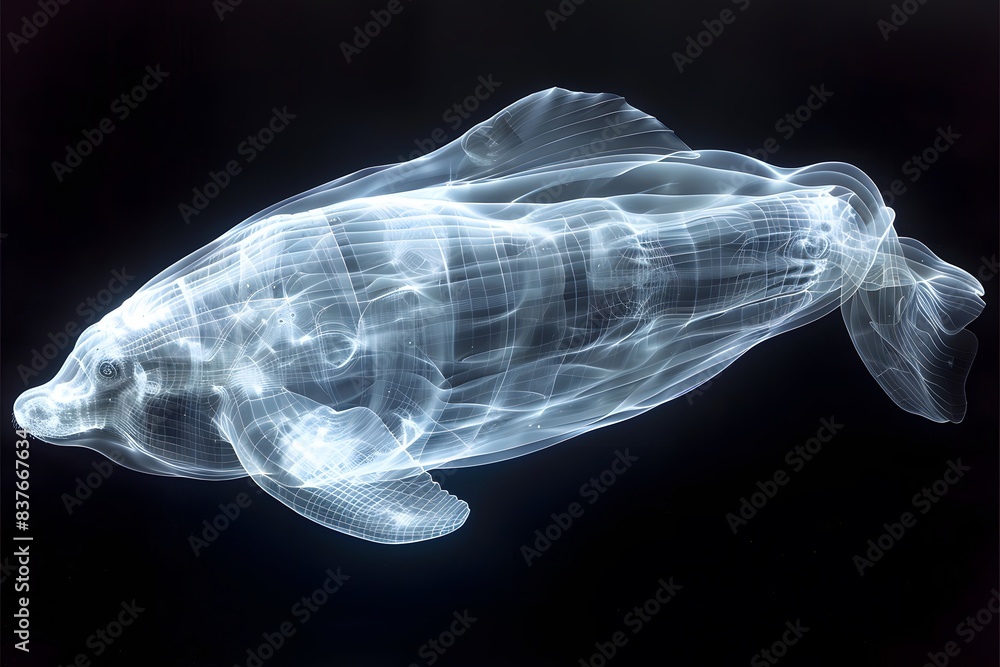 Digital Wireframe of a Dolphin Swimming in a Dark Background - Futuristic Marine Technology Design for Posters, Cards, Digital Art Digital Wireframe of a Dolphin Swimming in a Dark Background - Futuristic Marine Technology Design for Posters, Cards, Digital Art