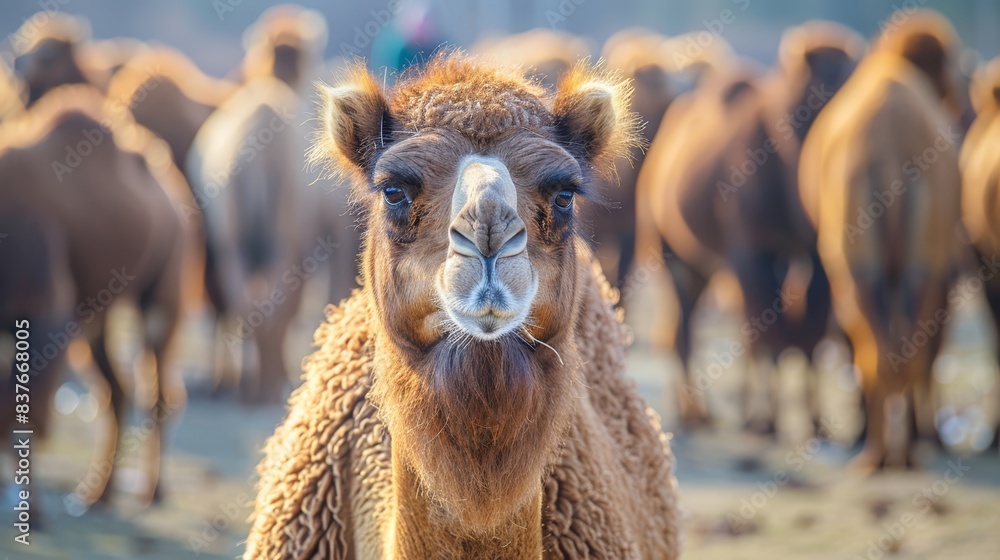 Obraz premium A close-up of a camel amongst numerous others in the background Foreground features a blurred camel image