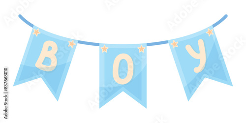 Blue garland with flags and the inscription boy. Decoration for gender party. Element for design of logo, icons. Isolated vector illustration