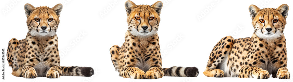 Three Cheetahs Sitting on a White Background Three Cheetahs Sitting on a White Background