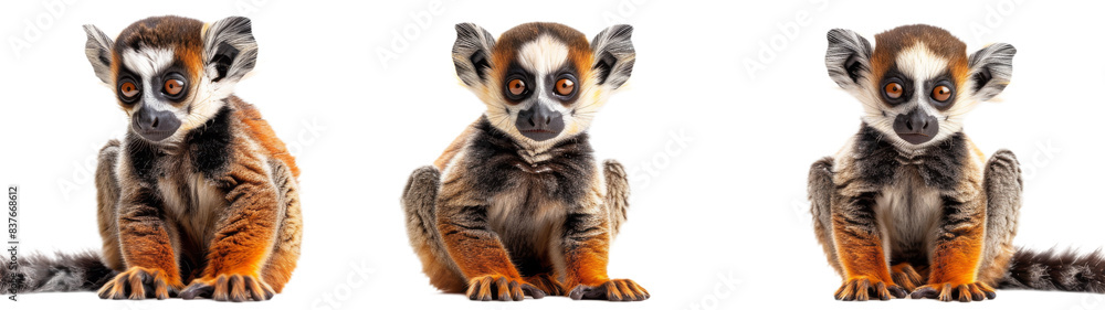 Three Red-Ruffed Lemurs Sitting Against White Background Three Red-Ruffed Lemurs Sitting Against White Background