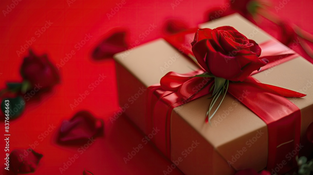 AI generated illustration of a gift box with a red bow against a backdrop of roses AI generated illustration of a gift box with a red bow against a backdrop of roses