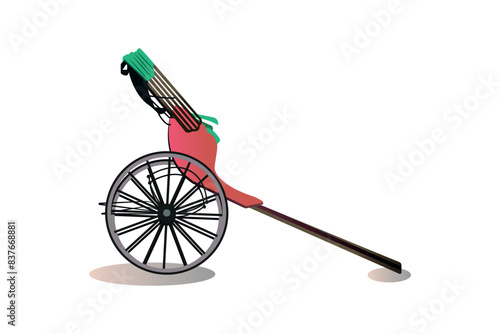 Kolkata hand-pulled rickshaw side view. Two-wheeler, yellow rickshaw