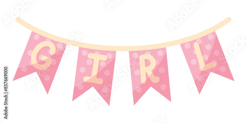Pink garland with flags and the inscription girl. Decoration for gender party. Element for design of logo, icons. Isolated vector illustration