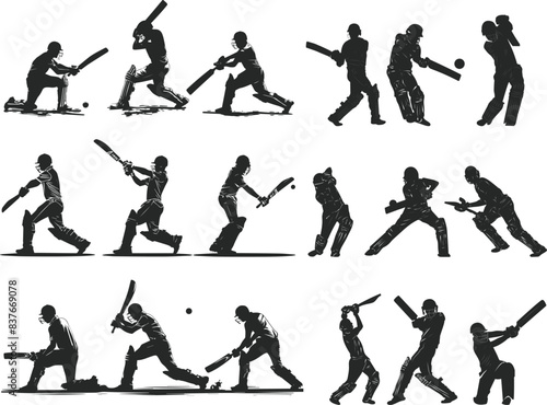 Set of batsman silhouette playing cricket on the field. Black and white photo