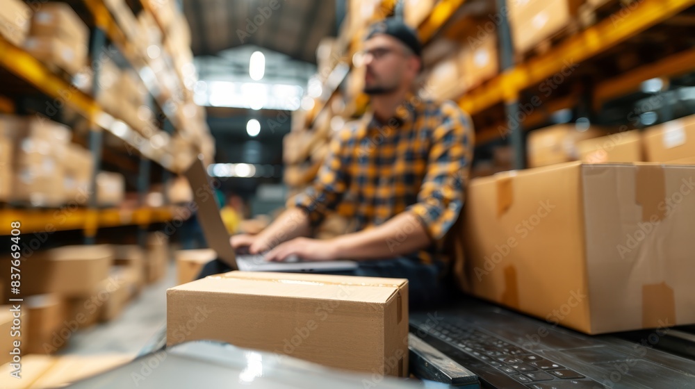 A man works at a laptop on a conveyor belt in a warehouse, pallet racks with boxes nearby A man works at a laptop on a conveyor belt in a warehouse, pallet racks with boxes nearby