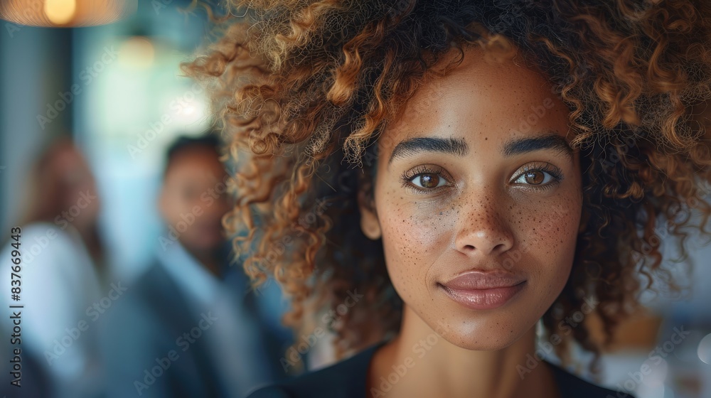 Close-up portrait of a confident woman with curly hair and freckles, standing in a modern office environment. Close-up portrait of a confident woman with curly hair and freckles, standing in a modern office environment.