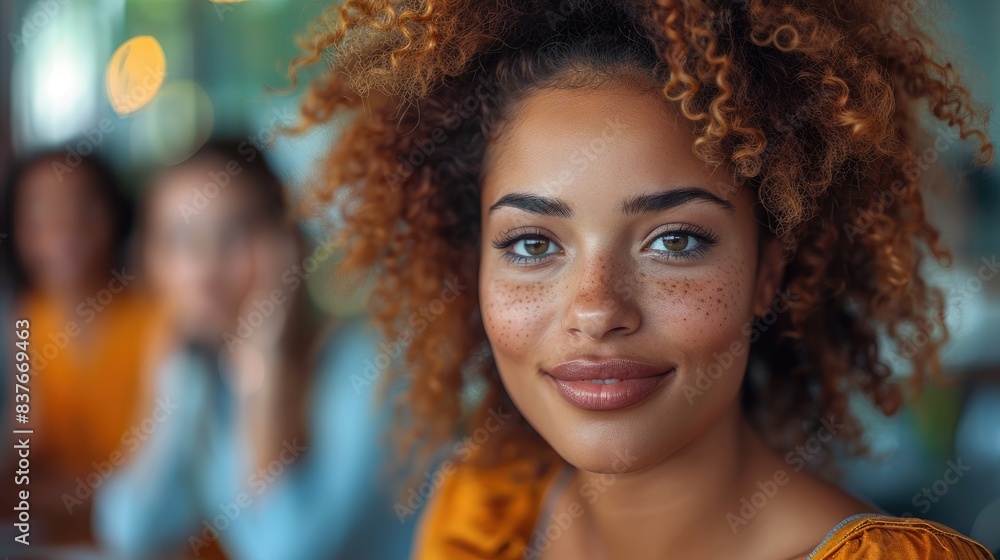 Close-up portrait of a smiling woman with curly hair and freckles, in a relaxed and casual setting, with blurred background. Close-up portrait of a smiling woman with curly hair and freckles, in a relaxed and casual setting, with blurred background.