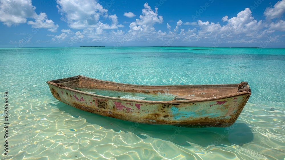 A boat rests atop a sandy beach, bordering a shallow body of water Above, a blue sky holds white clouds A boat rests atop a sandy beach, bordering a shallow body of water Above, a blue sky holds white clouds