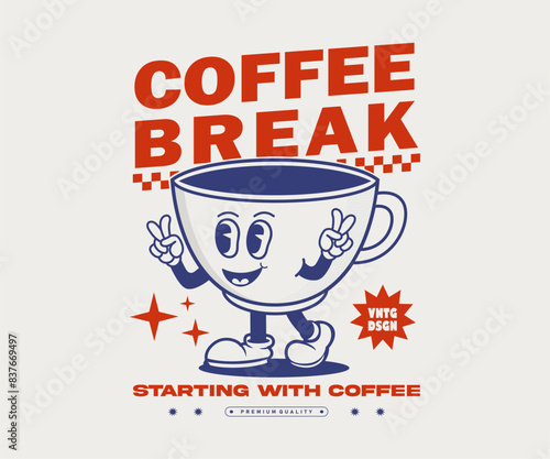 Retro walking coffee cup with Coffee break slogan, character mascot and typographic can be used as t shirt, sticker, poster, print design and other uses. vector illustration