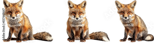 Three Red Foxes Sitting Against a White Background