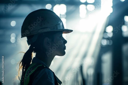 Female construction worker in a helmet inside an industrial warehouse, with light streaming in