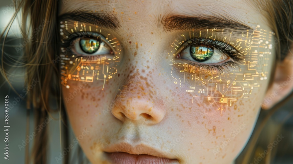 A woman's face, tightly framed, bears numerous dots Her eyes mirror an urban landscape A woman's face, tightly framed, bears numerous dots Her eyes mirror an urban landscape