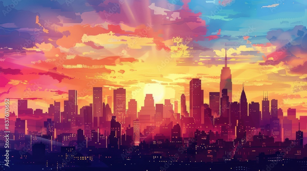 The skyline of a vibrant city in silhouette, with prominent high-rise buildings and bustling streets under a colorful sky The skyline of a vibrant city in silhouette, with prominent high-rise buildings and bustling streets under a colorful sky