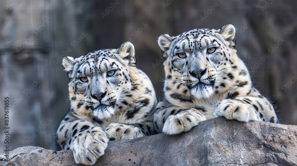 Two white snow leopards atop a large zoo enclosure rock One gazes at the camera, the other does as well Two white snow leopards atop a large zoo enclosure rock One gazes at the camera, the other does as well