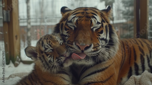  A pair of tigers resting atop a snow-covered ground  a window visible in the background Snow blankets the ground beneath them