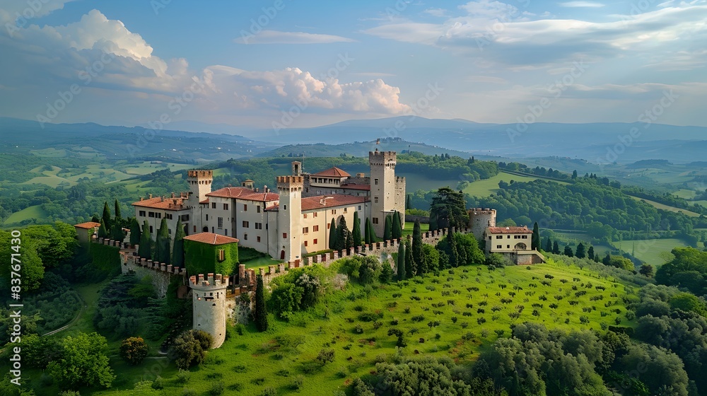 Fototapeta premium Majestic Historic Castle Surrounded by Lush Countryside Captured by Aerial Drone