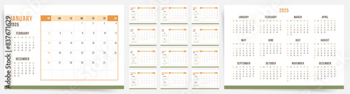 2025 Calendar template design. Week starts on Sunday office calendar. Desktop planner in simple clean style. Corporate or business calendar 2025. English vector 2025 calendar layout.	