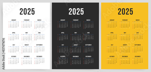 One Page Calendar 2025. Calendar templates 2025 for wall and desk use. Set of ready to print annual layouts. Business minimal modern 2025 calendar.	
