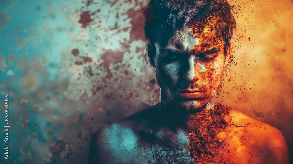 A man, heavily adorned with orange and blue paint on his face and chest, poses in front of a grungy wall bearing similar orange and blue paint splatters A man, heavily adorned with orange and blue paint on his face and chest, poses in front of a grungy wall bearing similar orange and blue paint splatters