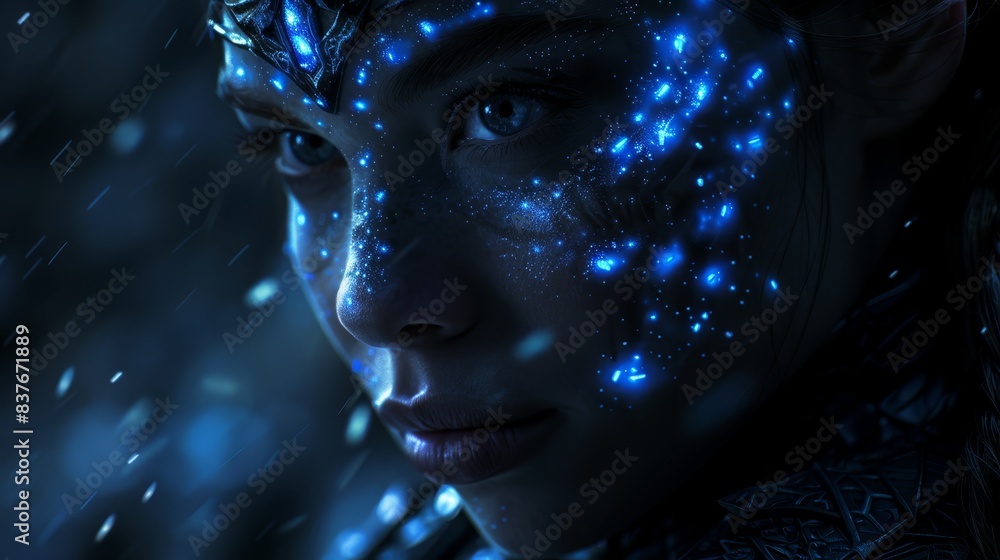 A woman's face, sharply focused Blue lights illuminate her visage, casting an ethereal glow Snowflakes delicately dot her skin in a intricate pattern A woman's face, sharply focused Blue lights illuminate her visage, casting an ethereal glow Snowflakes delicately dot her skin in a intricate pattern