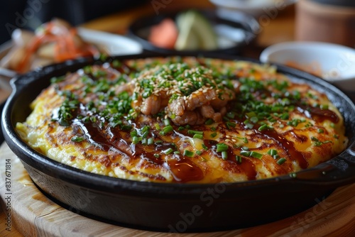 Okonomiyaki - Savory pancake with cabbage, meat, and drizzled with mayonnaise and okonomiyaki sauce. 