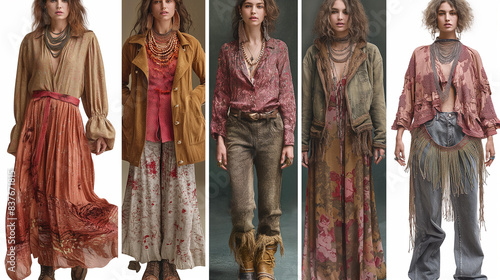 Bohemian Luxe Collage: Showcases wide-leg trousers, a patterned silk shirt, a suede fringe jacket, ankle boots, and layered beaded necklaces photo