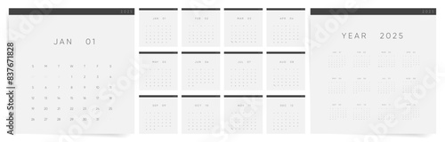 Calendar 2025. Square Calendar Template 2025. Set of ready to print monthly clean A4 designs. Elegant minimal modern 2025 calendar.	