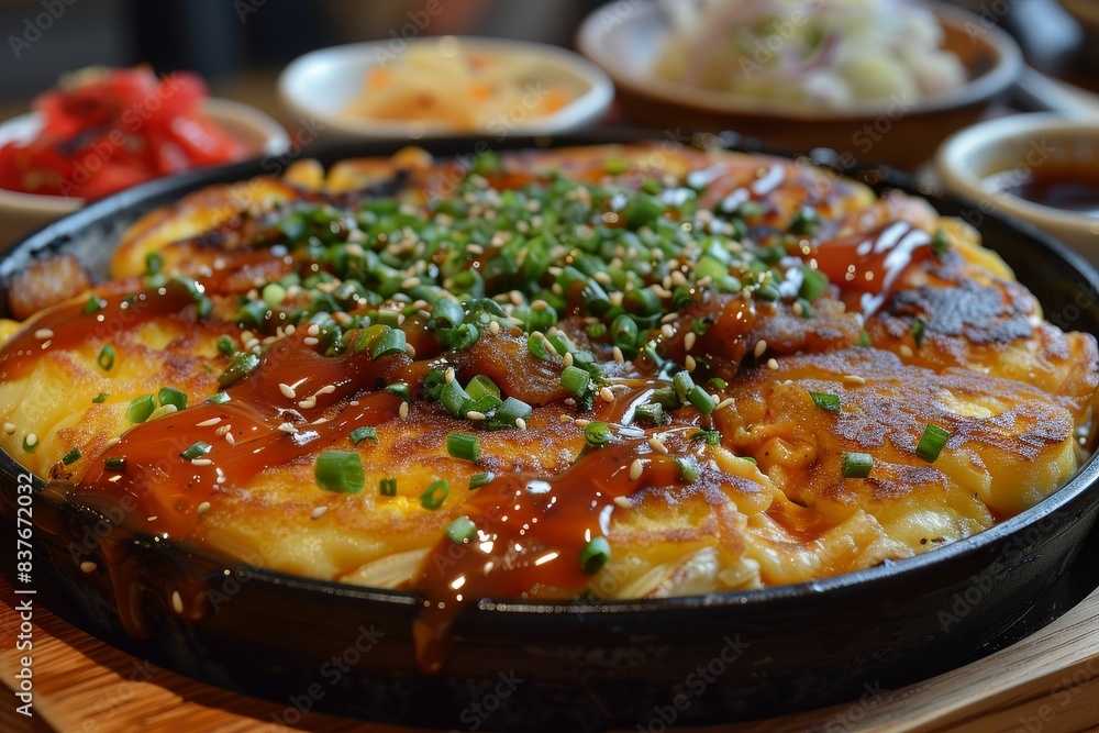 Okonomiyaki - Savory pancake with cabbage, meat, and drizzled with mayonnaise and okonomiyaki sauce. Okonomiyaki - Savory pancake with cabbage, meat, and drizzled with mayonnaise and okonomiyaki sauce.
