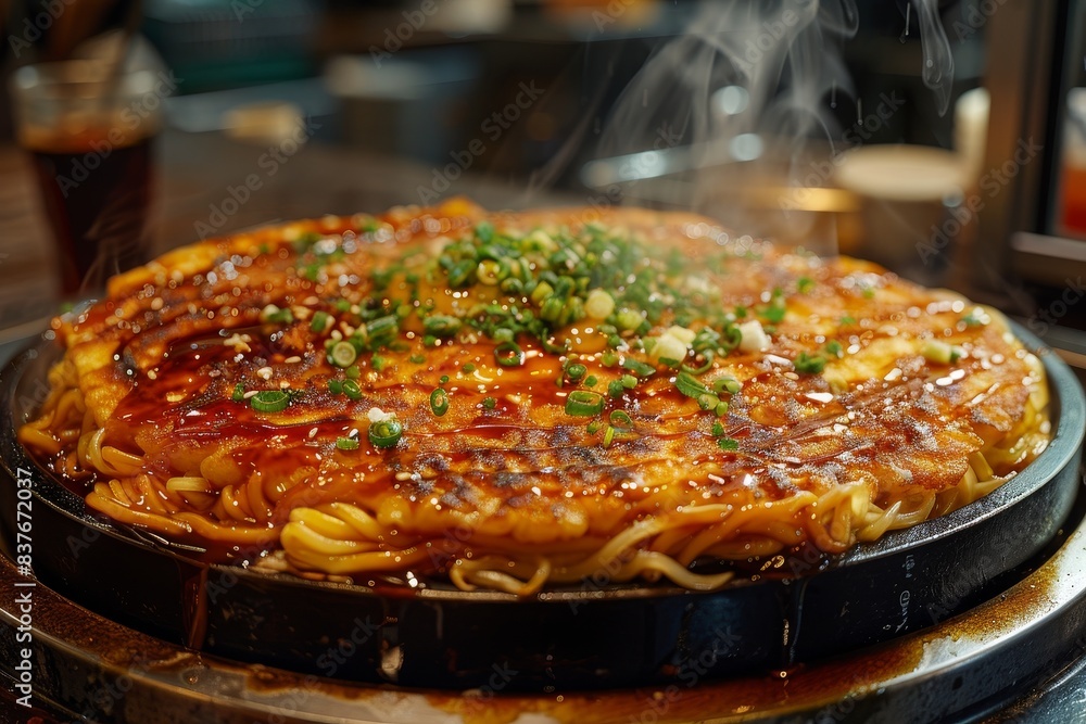 Okonomiyaki - Savory pancake with cabbage, meat, and drizzled with mayonnaise and okonomiyaki sauce. Okonomiyaki - Savory pancake with cabbage, meat, and drizzled with mayonnaise and okonomiyaki sauce.