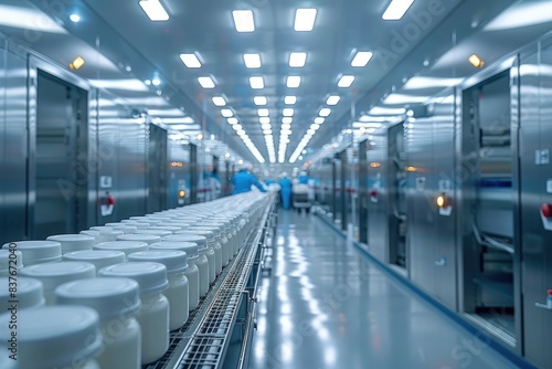 Interior view of a modern pharmaceutical manufacturing plant with rows of containers on a production line under bright lighting.