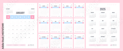 2025 Desk Calendar. Pink and Blue Design. Minimalist A4 Monthly Planner with Vertical Layout. Perfect for Women in Business and Corporate Branding.  